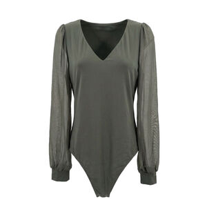 REORIA Women's Mesh Long Sleeve Bodysuit Thyme Green Extra Large